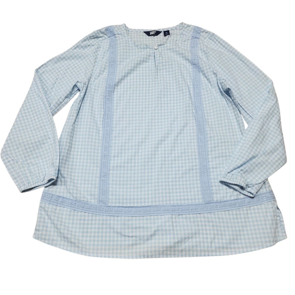 Lands' End Blouse Women M Blue‎ Gingham Cotton Lace Trim Peasant Top